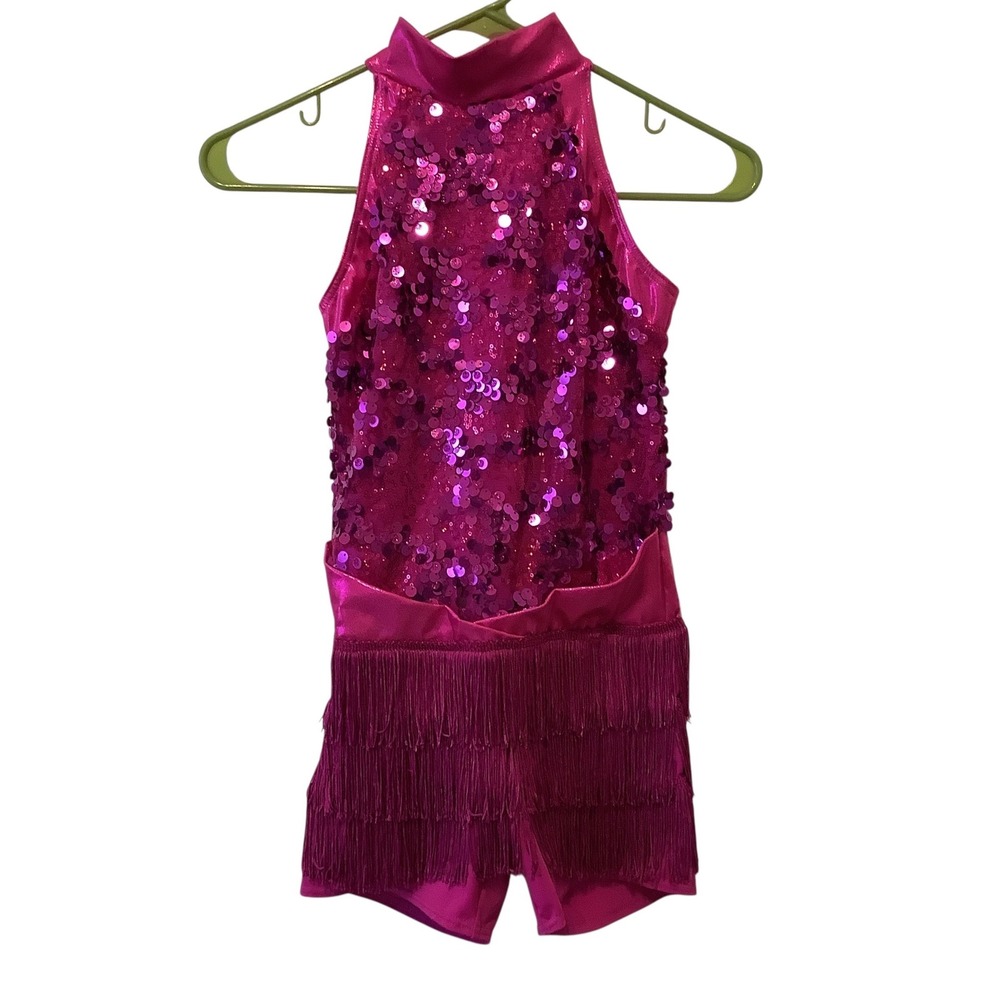 Weissman Kids Fuchsia Sequin Fringe Dance Costume Halter Romper LC Jazz Tap